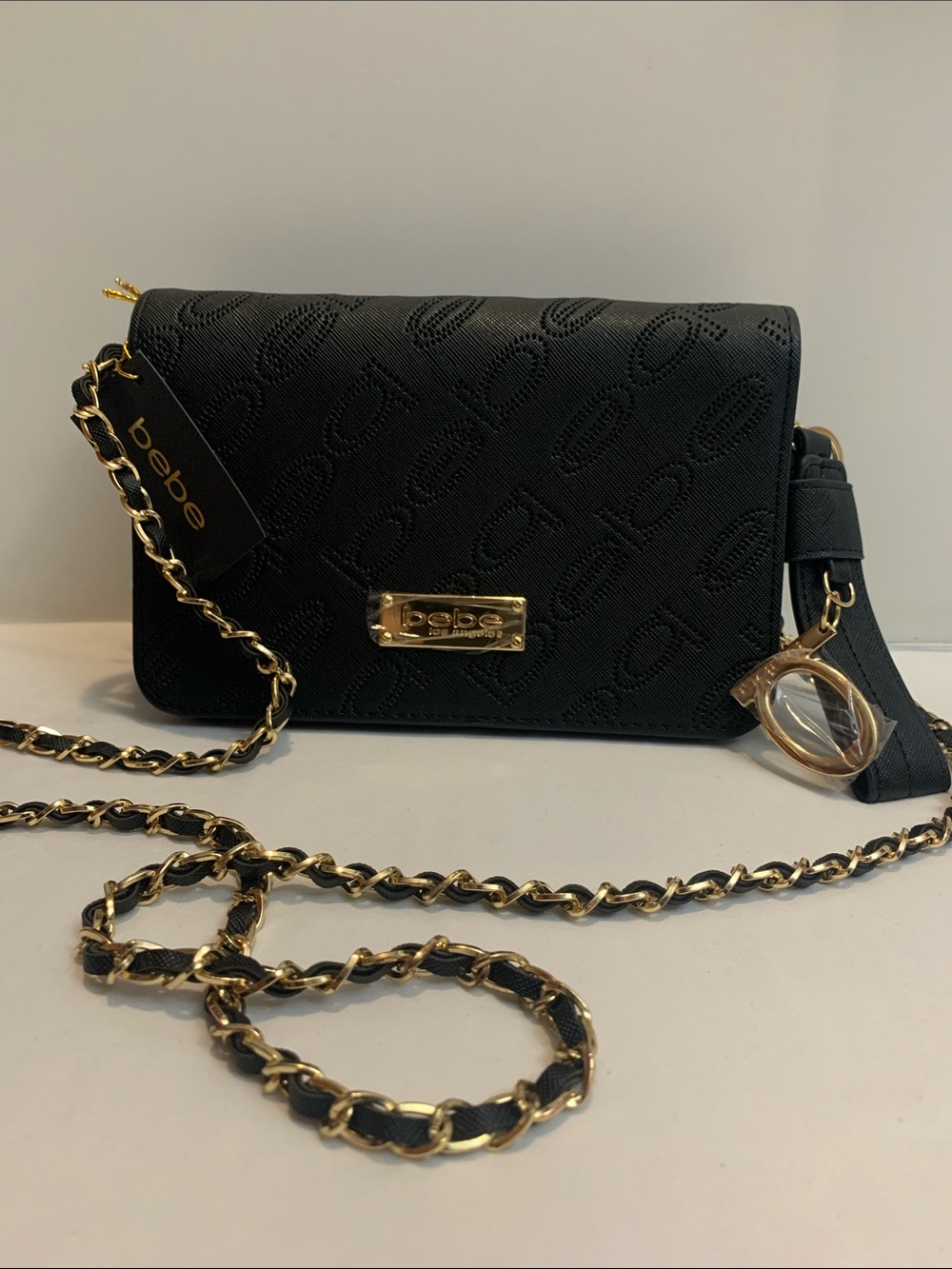 bebe Nayeli Black Saffiano Perforated Logo Classic Mini Crossbody Chain Purse